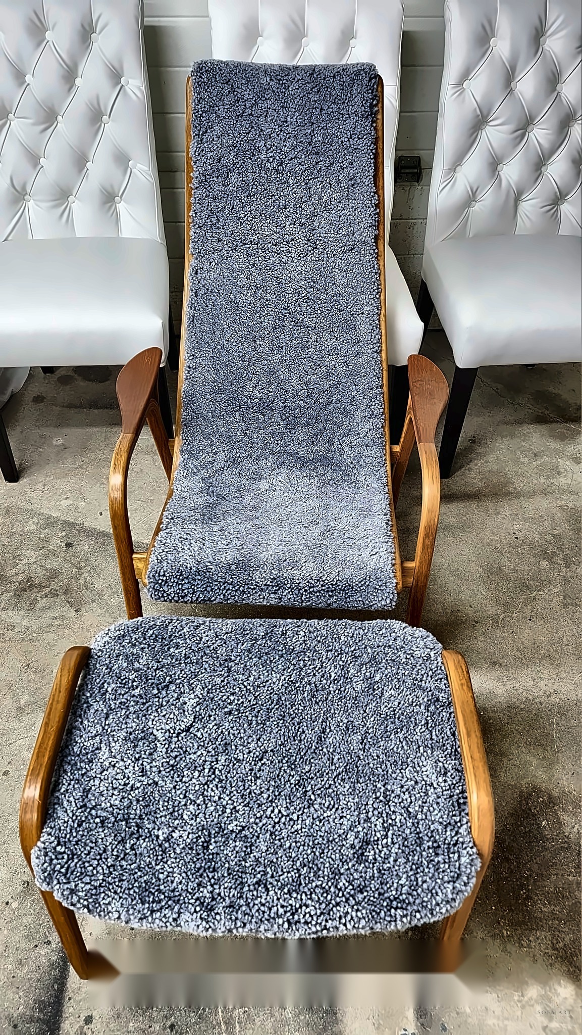 Mid-century lounge chair restored in grey boucle