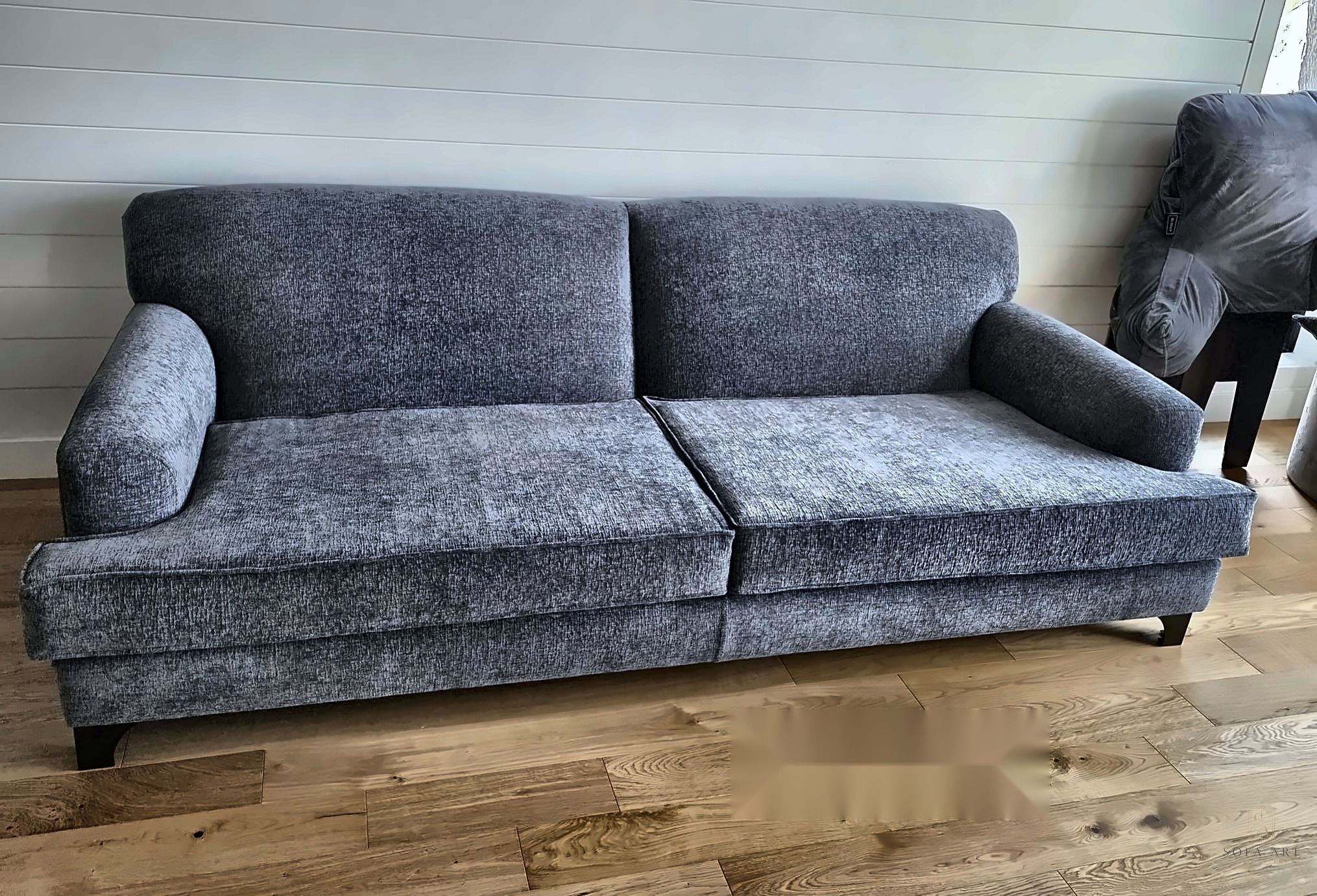 English roll-arm sofa reupholstered in charcoal chenille