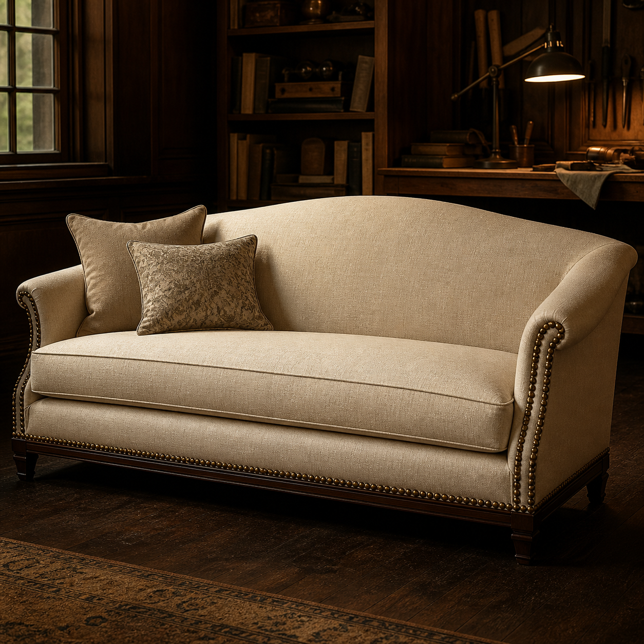 Cream camelback sofa with brass nailheads in dark wood study — bespoke build
