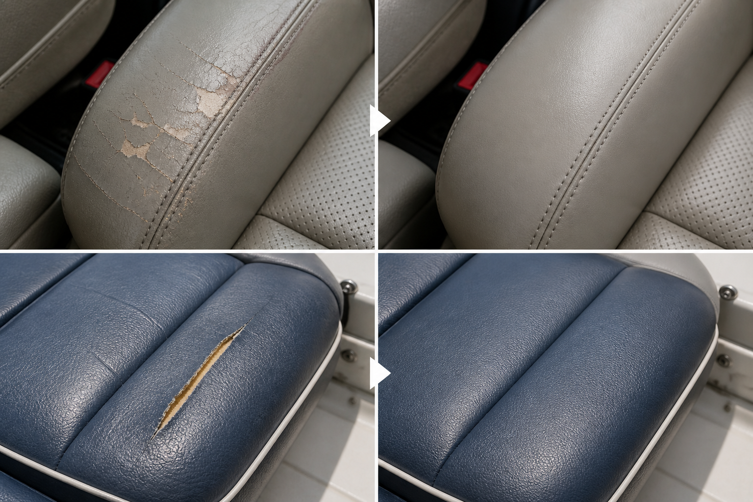 Leather and vinyl repair — close-up before and after panels