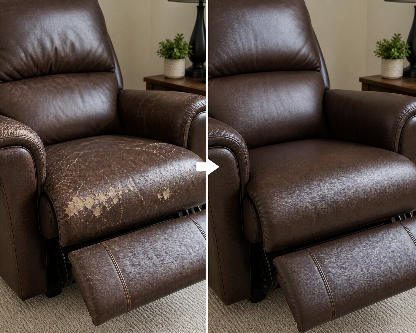 Brown leather recliner before and after restoration