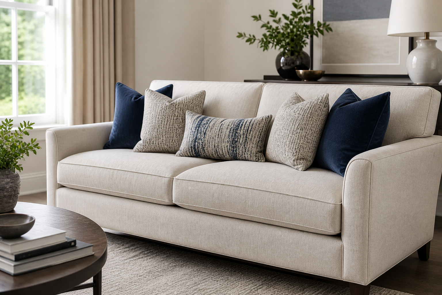 Cream linen sofa in residential living room