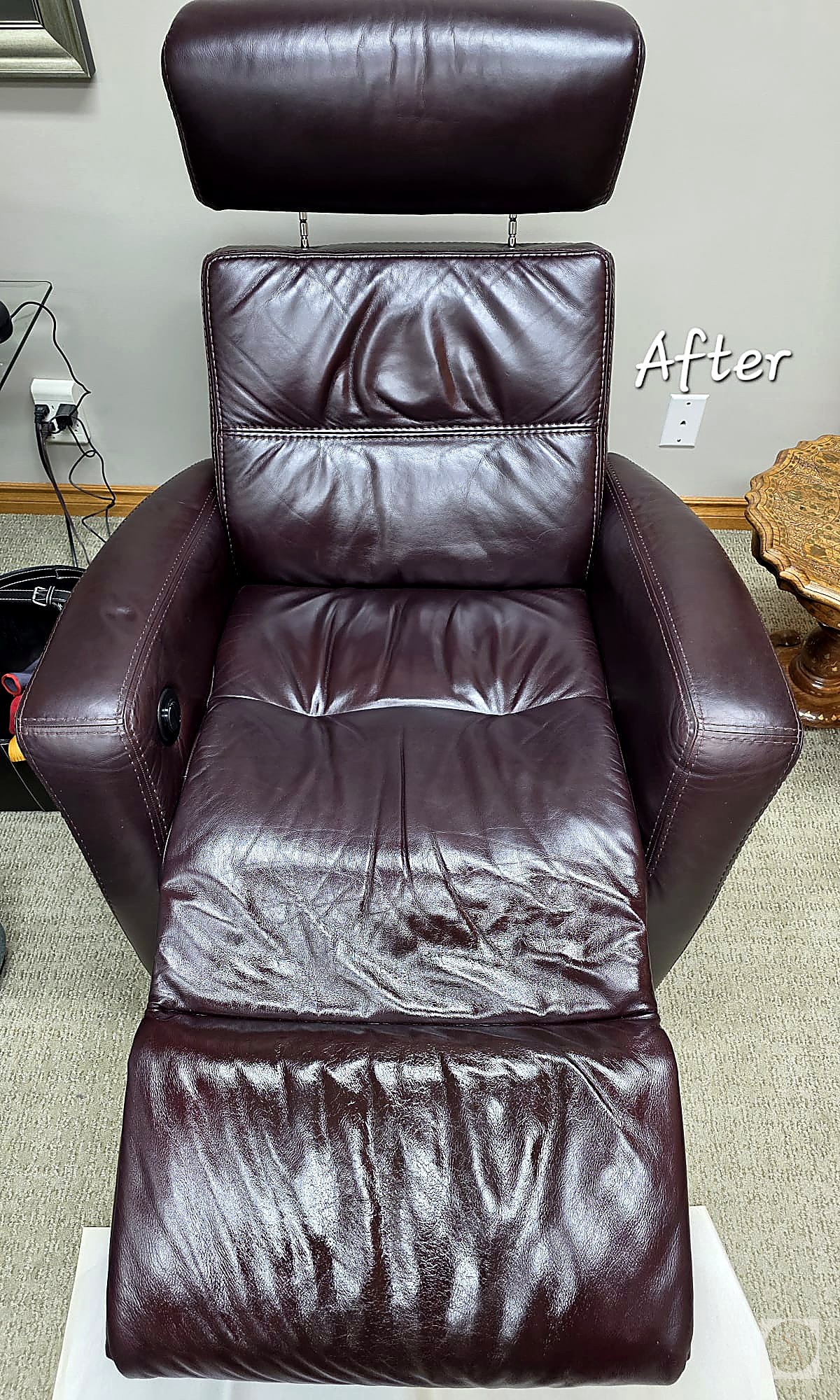 Brown leather recliner after restoration